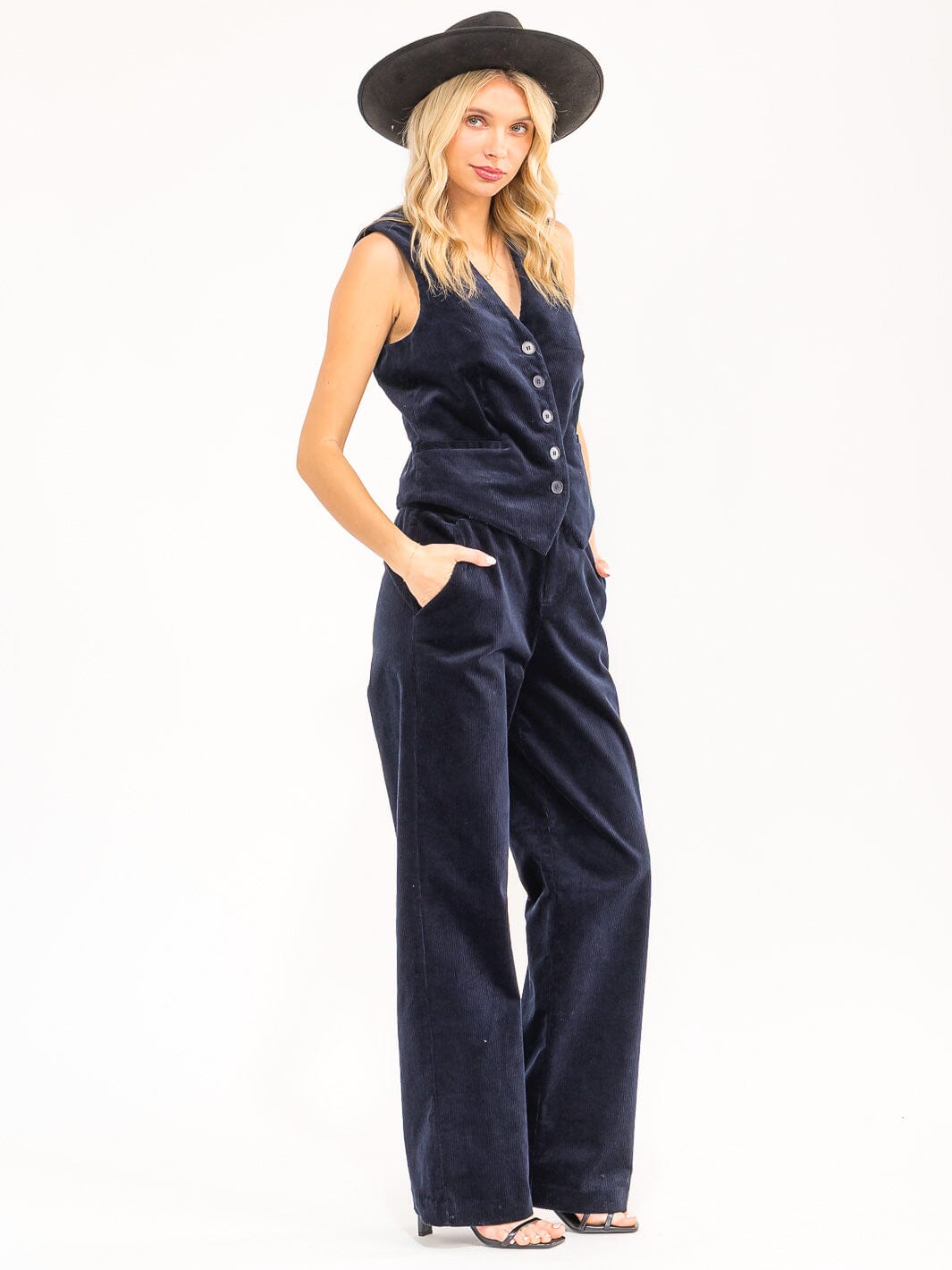 Set de 2 piezas azul oscuro de chaleco y pantalón de corduroy
