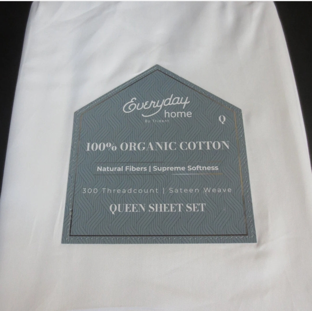EVERYDAY HOME by Trident 100% ORGANIC COTTON SHEET SET 4 Piezas, Blanco, Queen