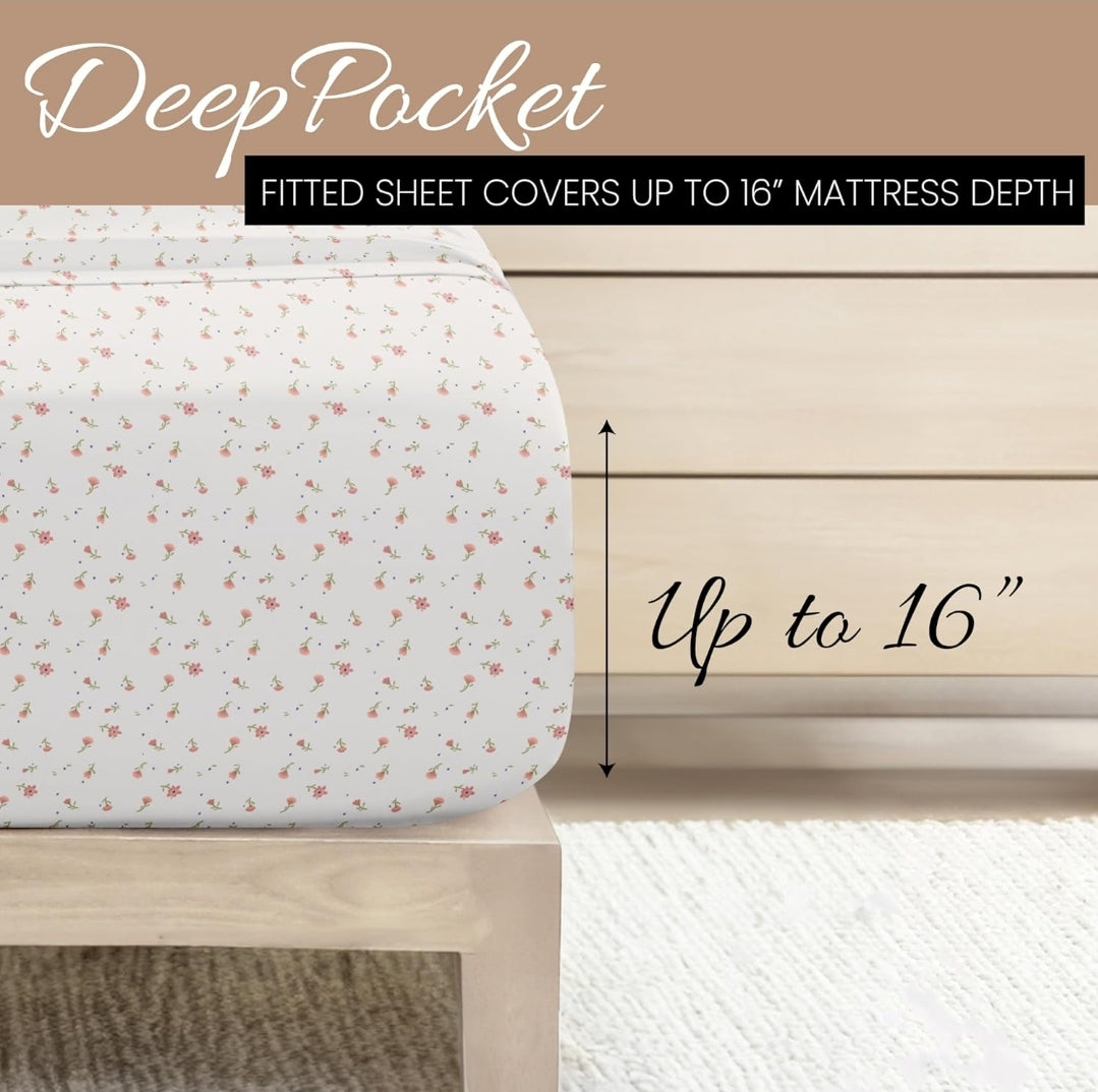 Ienjoy Linen Market Double-Brushed Ultra Soft Twin Sheet Set, Wrinkle-Free Easy Care, Blanco/Flores Rosadas, Twin, 3 Piezas