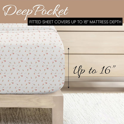 Ienjoy Linen Market Double-Brushed Ultra Soft Twin Sheet Set, Wrinkle-Free Easy Care, Blanco/Flores Rosadas, Twin, 3 Piezas