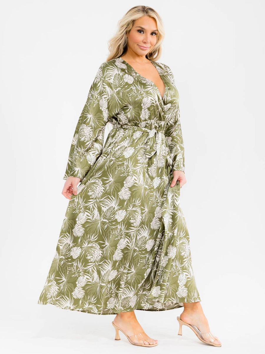 Vestido Plus verde y estampado blanco de hojas con cinturón y mangas largas