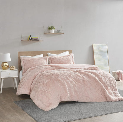 Intelligent Design Malea Shaggy Duvet with Quilted Box Design, Long Faux Fur Comforter Cover Cozy Bedding Set, Matching Shams, 104x90, Rosado, 3 Piezas, King