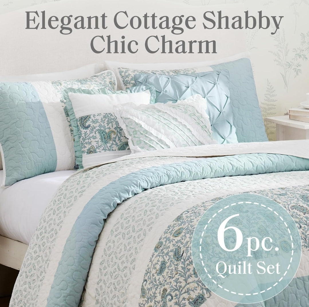 Madison Park 100% Cotton Quilt Set Floral Print Light Teal Aqua, 6 Piezas, Queen
