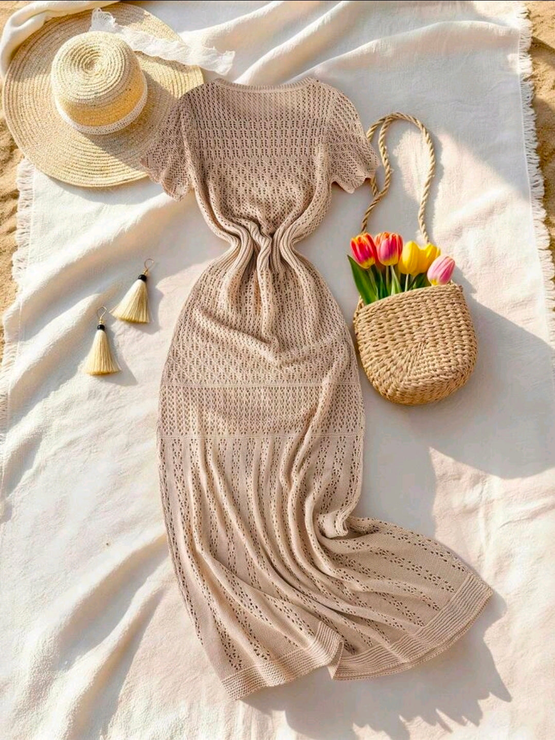 Vestido beige de verano de crochet (salida de baño)