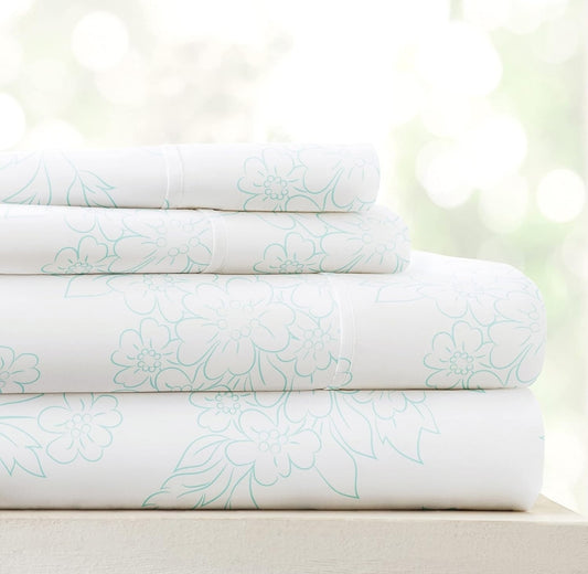 Ienjoy Linen Market Bedding Sheet Set, 4 Piezas, Blanco con Lineas Verdes, Queen