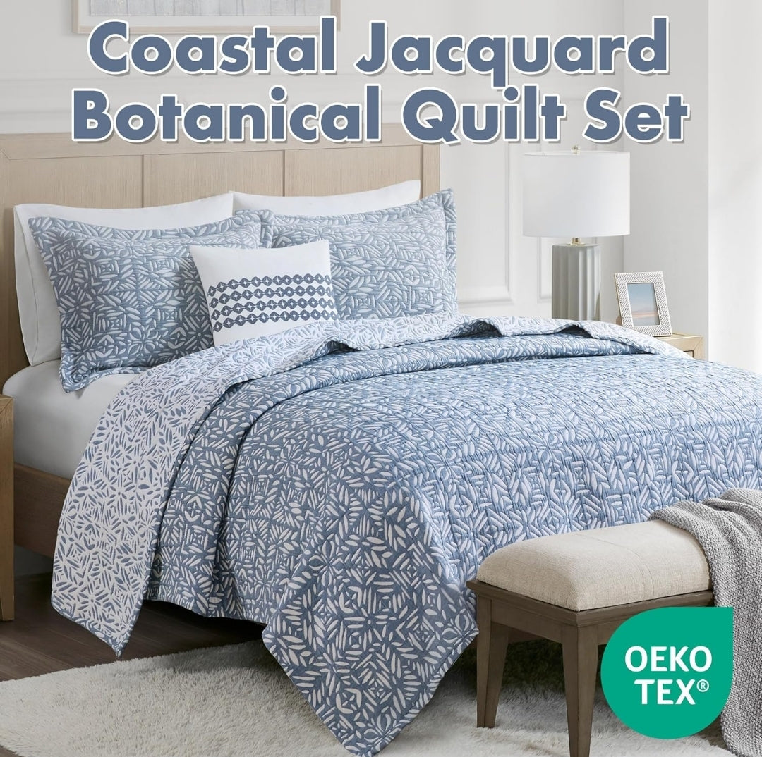 Madison Park Quilt Set Metelasse Reversible Coverlet Set Size, Soft Summer Quilt, All Season, King/Cal King, Azul, 4 Piezas