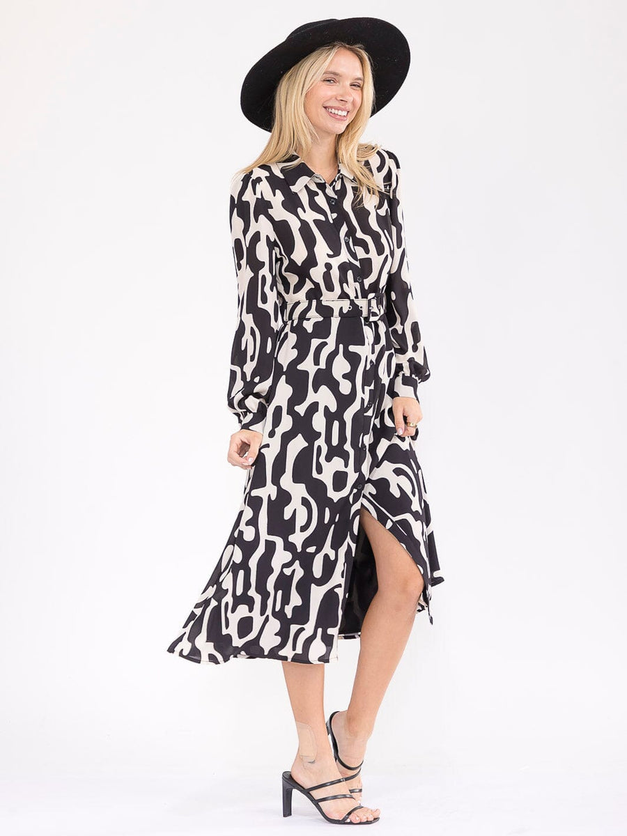 Vestido blanco y negro midi manga larga de botones y cinturón