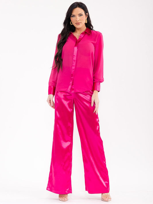 Conjunto de satin rosado fucsia de blusa manga larga y pantalón con cintura elástica
