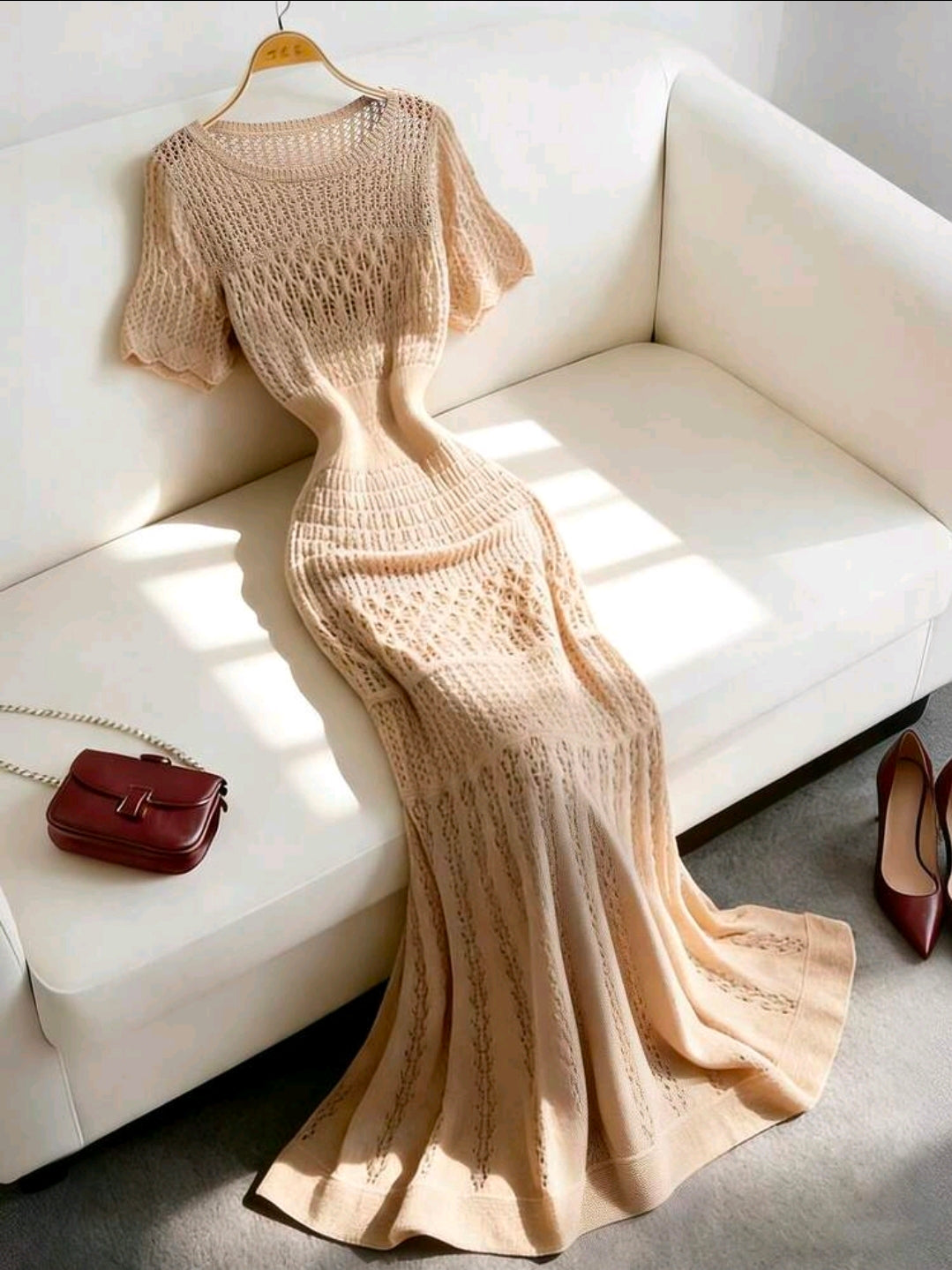 Vestido beige de verano de crochet (salida de baño)