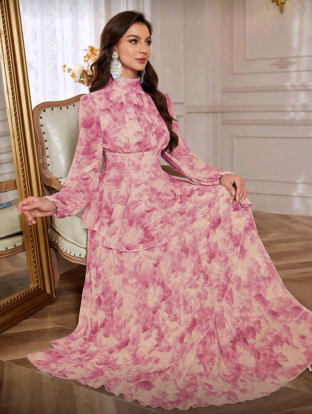 Vestido Maxi Rosado con Estampado Floral Elegante manga larga